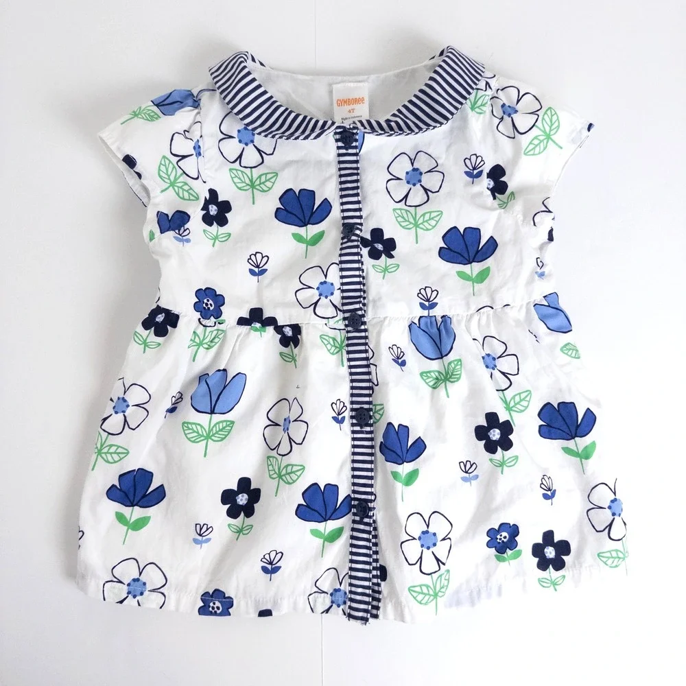 Gymboree Floral Top Toddler‎ 4T White Blue Striped Peter Pan Collar Peplum